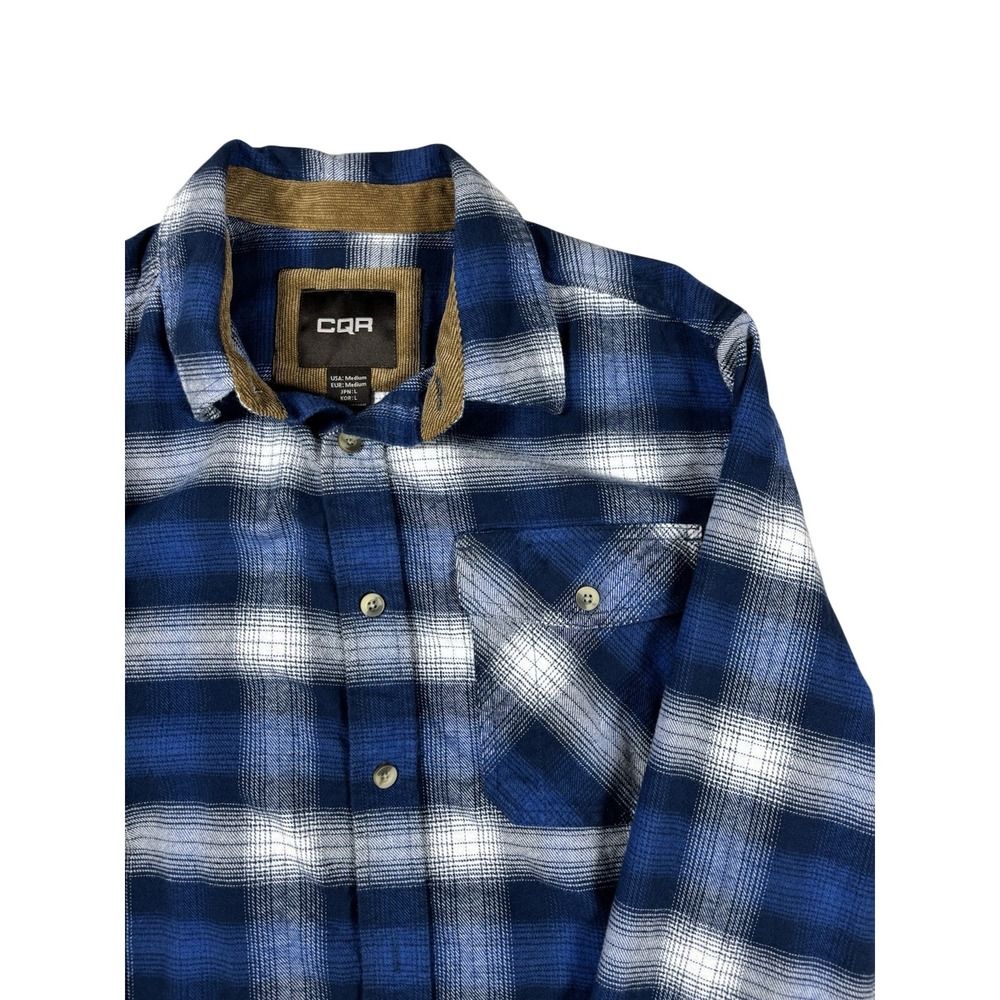 CQR Mens Flannel Shirt Blue White Plaid Corduroy Trim Long Sleeve Button Up M